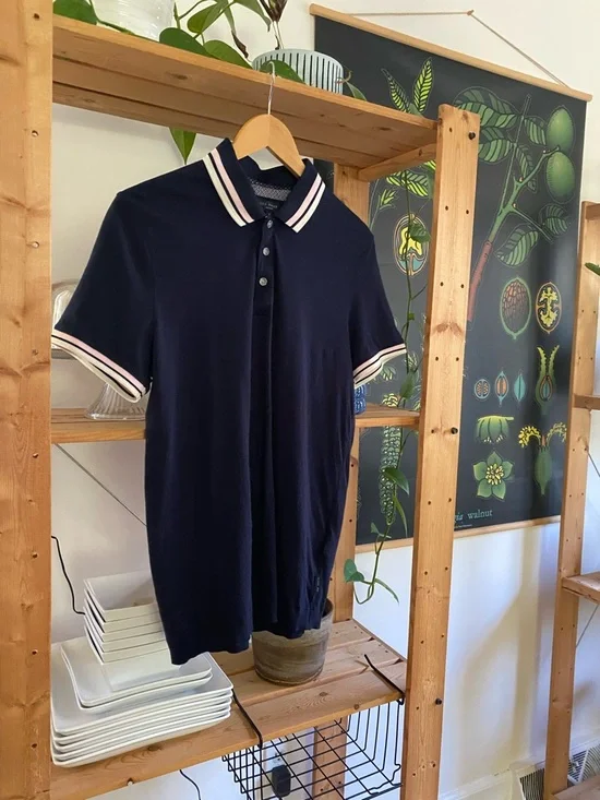 Ted Baker Navy Blue Pink White Stripe Collar Knit Polo Shirt Medium - Picture 4 of 15